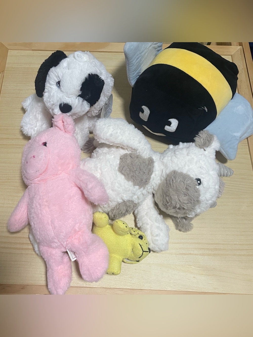 Assorted 5 Plush Toy Bundle - Pink Pig, Black/Yellow Bee, White Dog & Cow